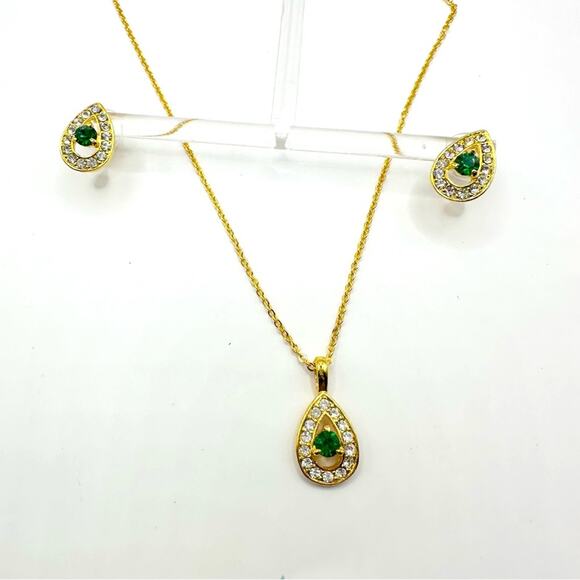 Gold Green Necklace Earring Set Lot 2 Bridal Formal Evening Shiny Teardrop - Picture 4 of 7